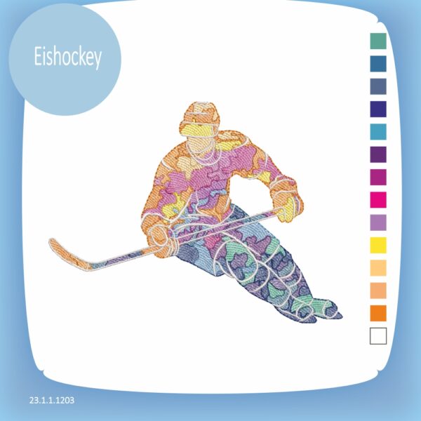Unsere neueste Stickdatei aus der Serie “Wintersport” fängt einen Eishockeyspieler ein, der es sichtlich geniesst. So farbenfroh und sportlich.